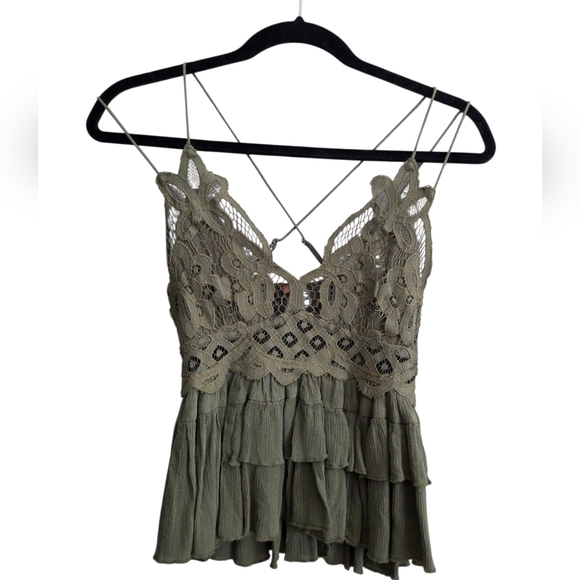 Free People Adella Cami Olive Green Lace Ruffle Top - Picture 10 of 12